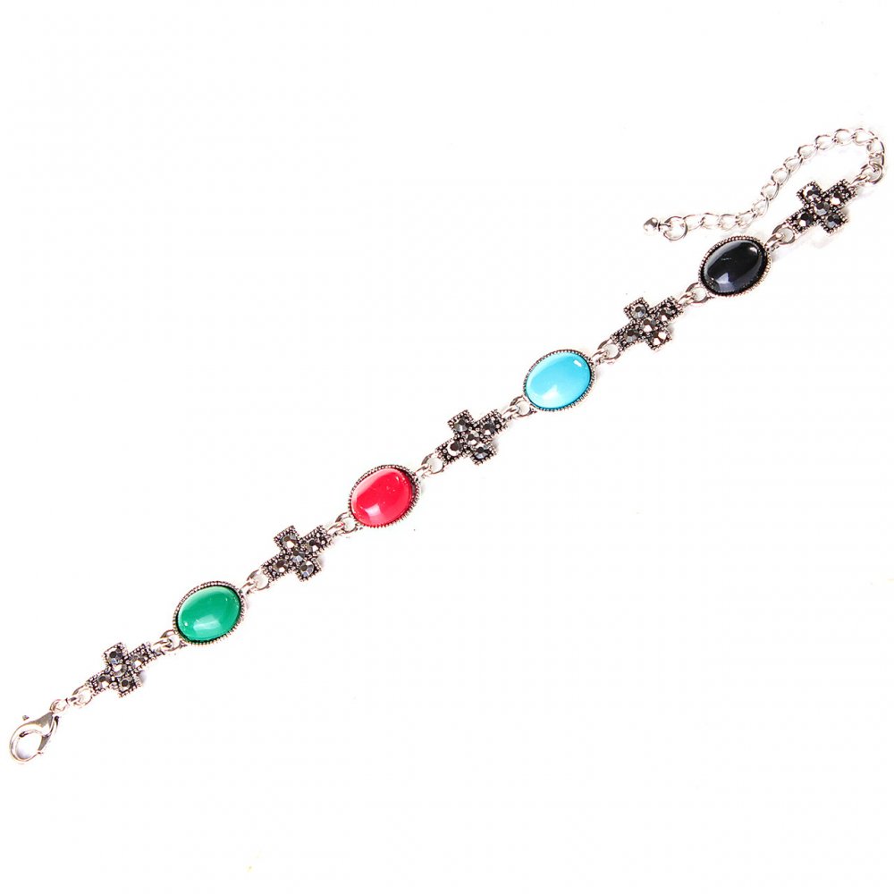( 20 cm ) Women's bracelet with multicolored rectangular stones and rhinestones, dark metal, slim buckle clasp
