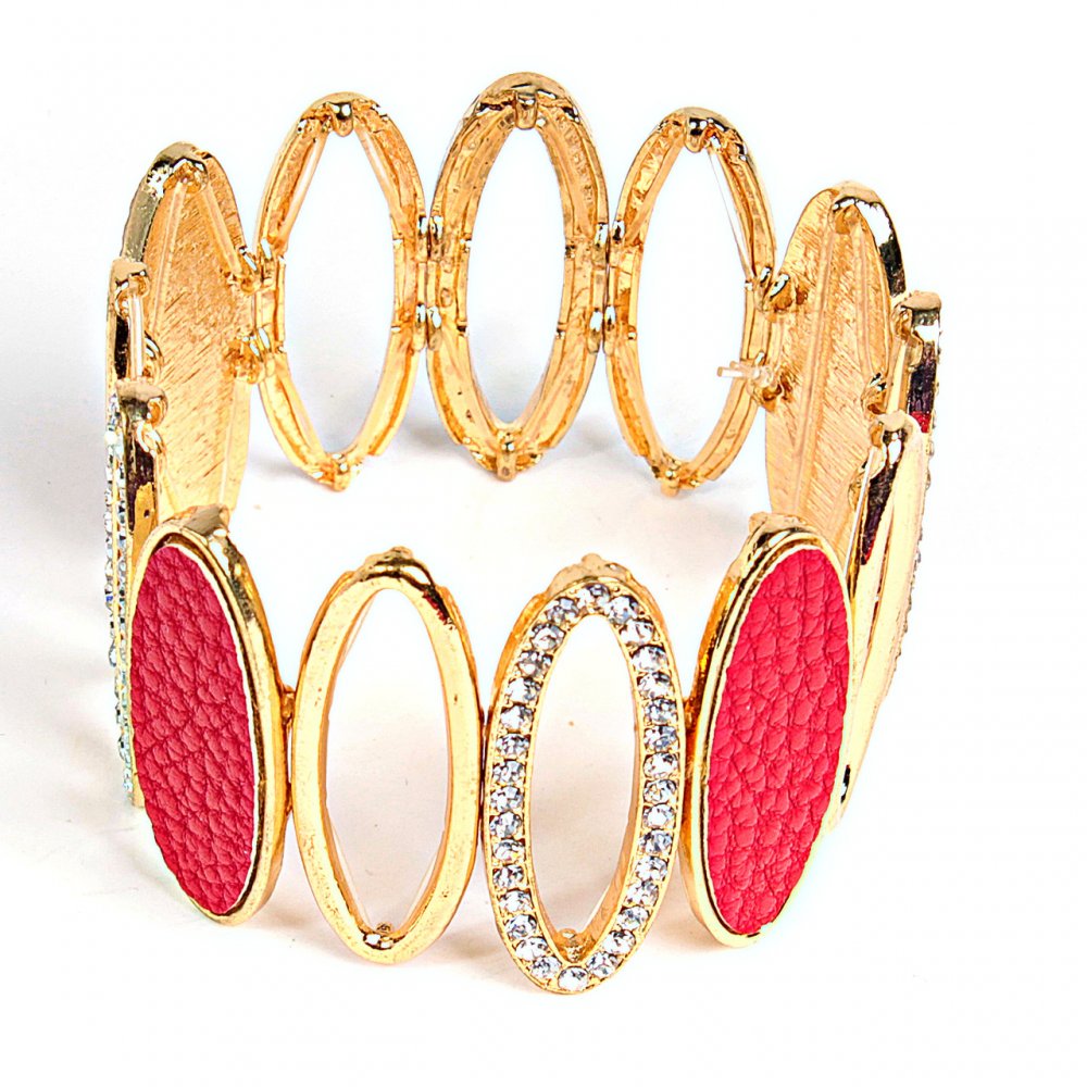 (5-6 cm) Women's bracelet, solid, with oval elements, with four red stones, adorned with cubic zirconia