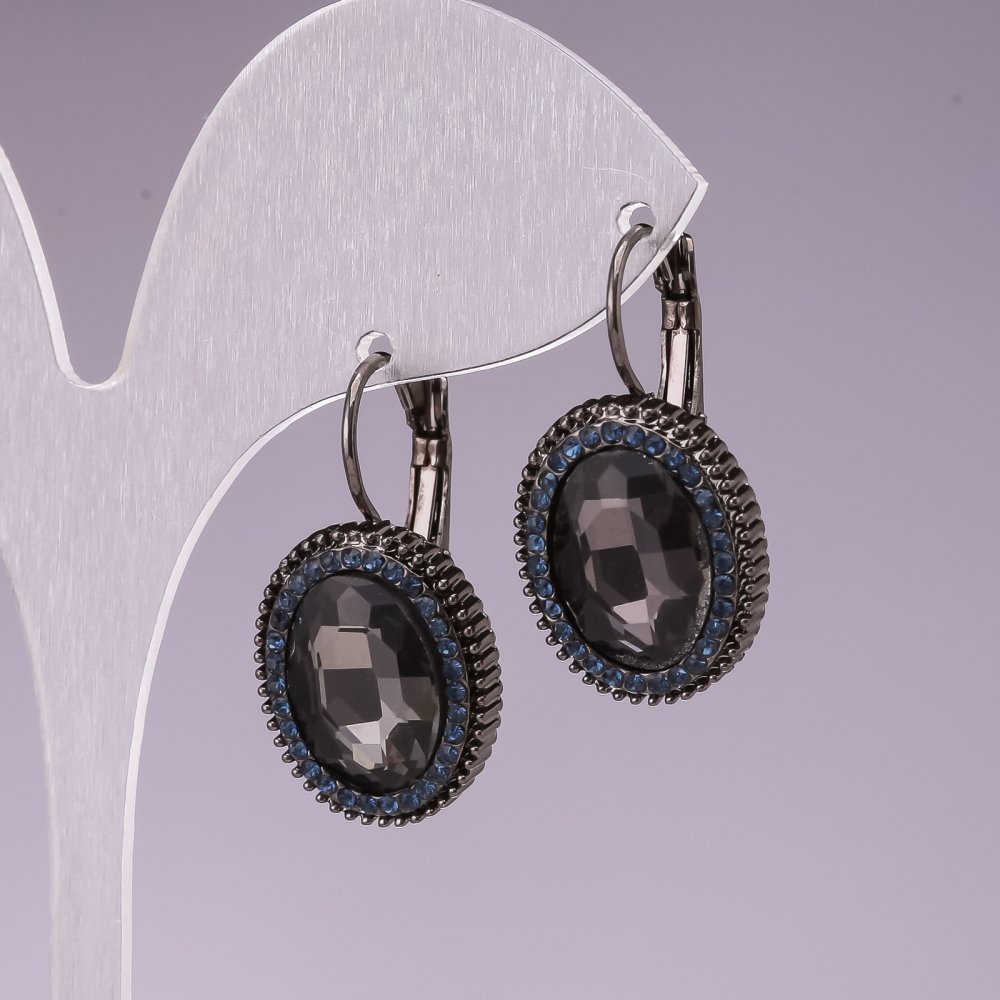 Earrings with Italian clasp and blue oval crystals in a rhinestone setting, 15 mm