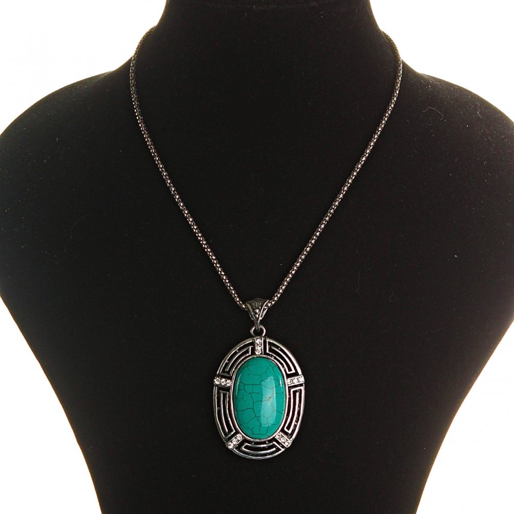 Turquoise pendant on chain, large, dark gray metal with crystals, oval bezel 50x38 mm, length 46–54 cm, striped chain