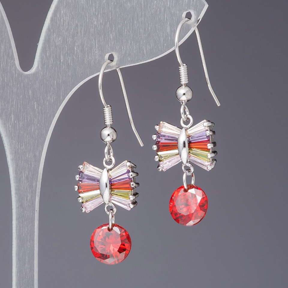 Bow Earrings with Colored Crystals, 4.5 cm long