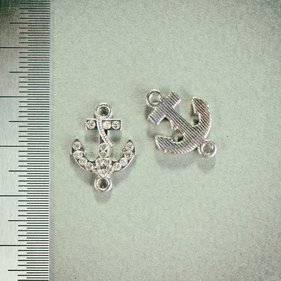 Pendant Connector Anchor with Crystals, Silver, 1.8x1.3 mm, Pack of 4