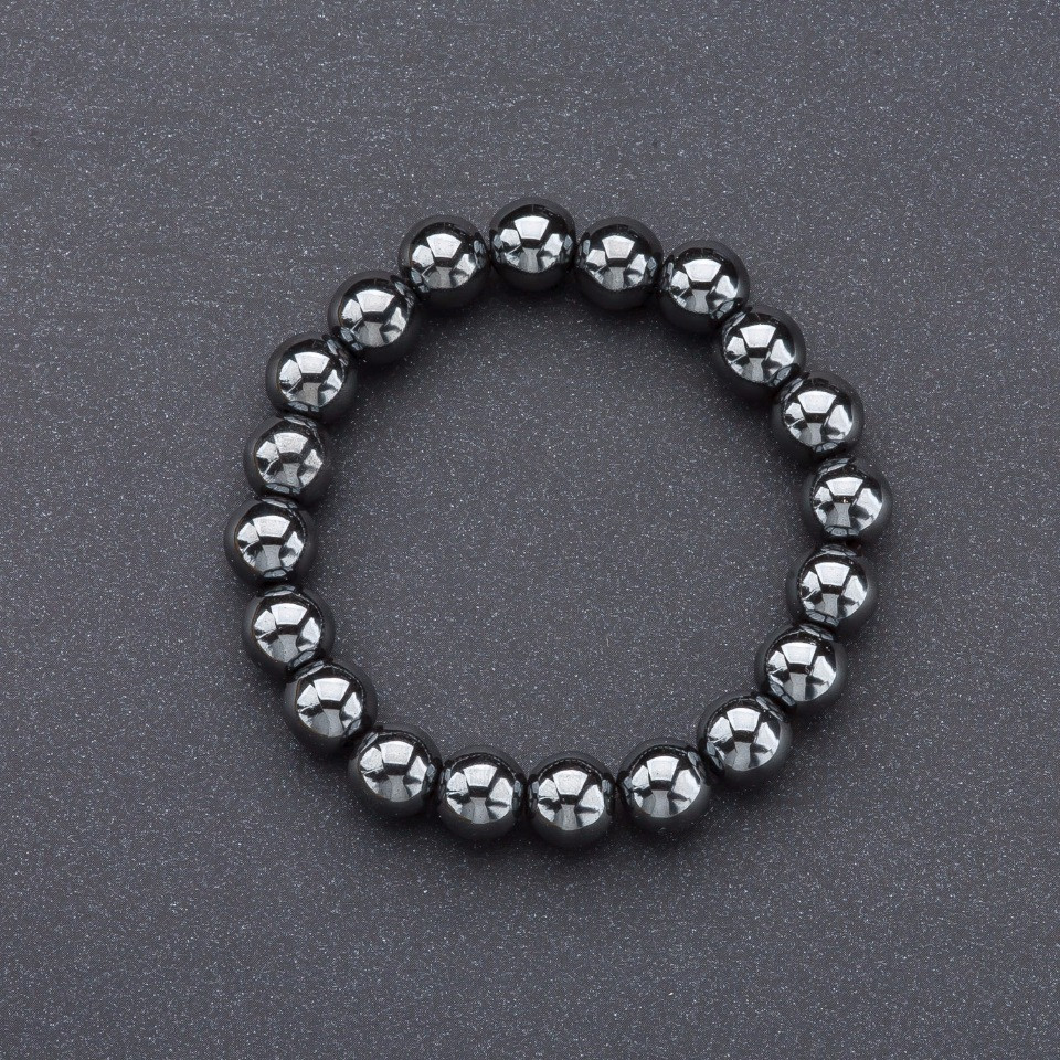 Natural hematite stone bracelet on elastic – smooth beads, 10 mm diameter