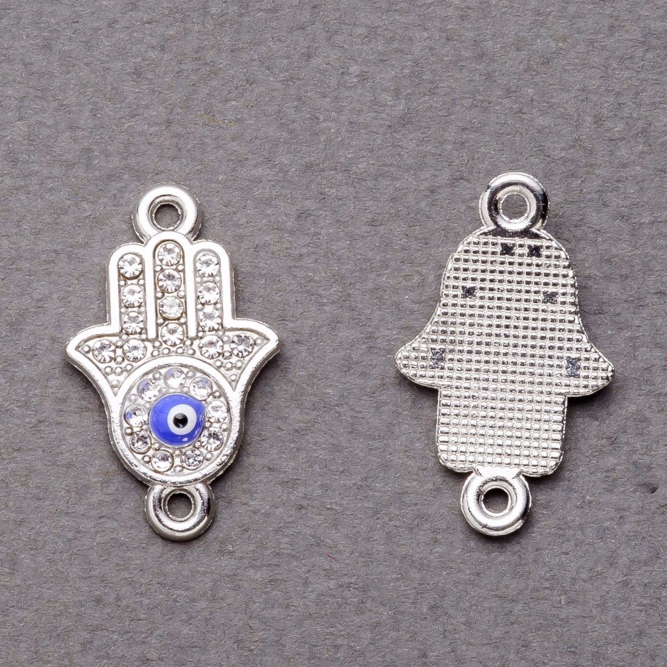 Findings - Hamsa Hand Pendant Connector with Rhinestones, Eye of the Hamsa, Silver, 2.5x1.3 cm, pack of 3