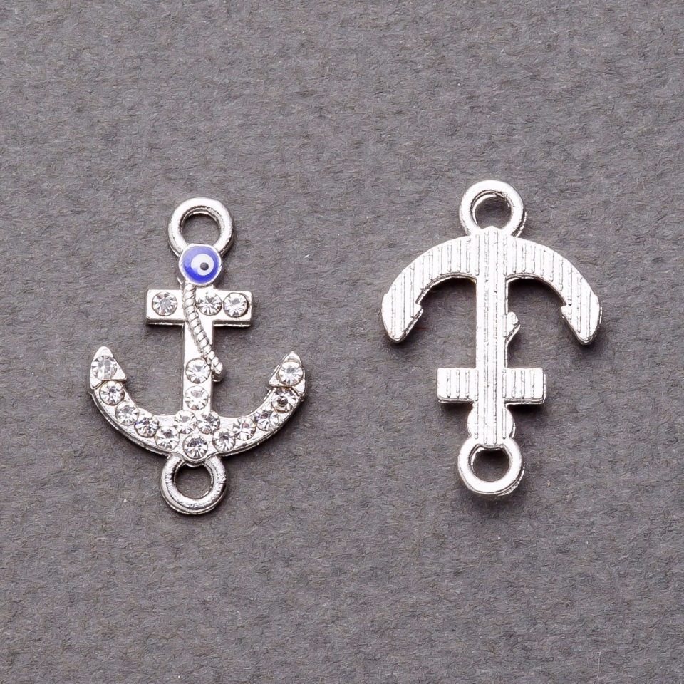 Pendant connector with crystals 'Anchor' Silver 2x1.5 cm, packaging 4 pcs