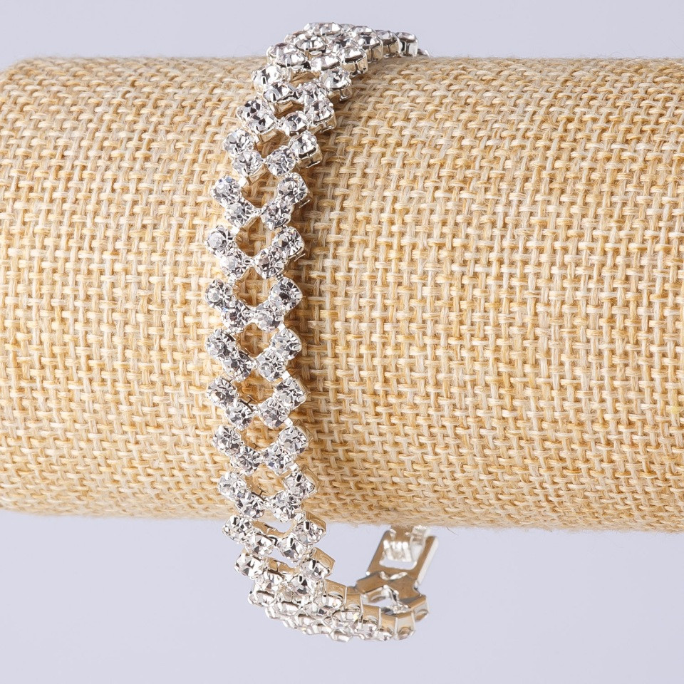 Two-row Crystal Bracelet with Clasp, Zigzag Design, Silver Metal Color, Length 19 cm, Width 12 mm