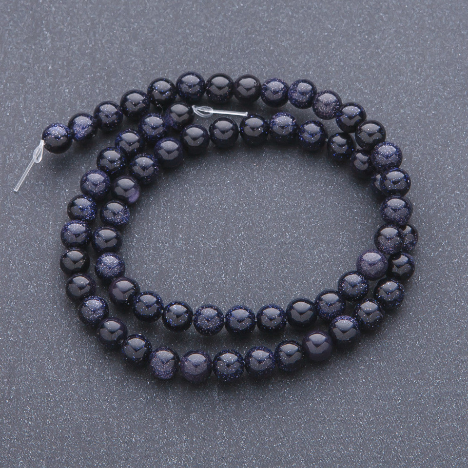 Beads of aventurine 'Blue Sand of Cairo Night' on a thread, smooth round, 6 mm diameter, 37 cm length