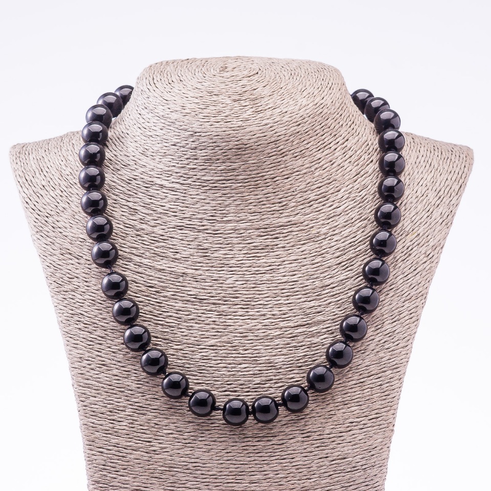 Black Agate Natural Stone Necklace, Pressed Smooth Beads, 12mm Diameter, 46cm Length