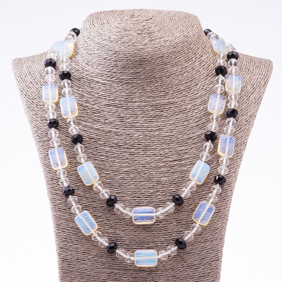 Clearance: Long Moonstone (Synthetic) Necklace with Czech Crystal, bead sizes 13×18 mm, 8 mm, 10 mm, length 120 cm
