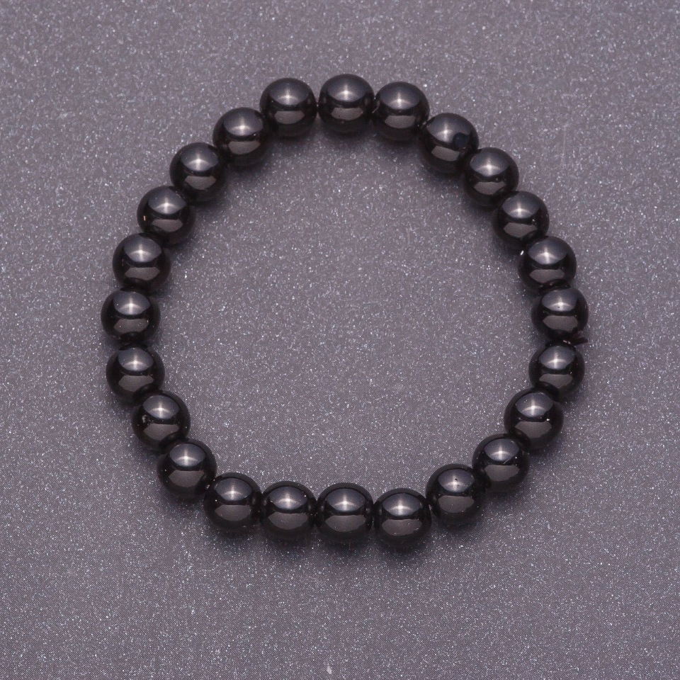 Bracelet made of natural black agate (pressed) smooth bead, 8mm diameter on elastic, 18 cm circumference