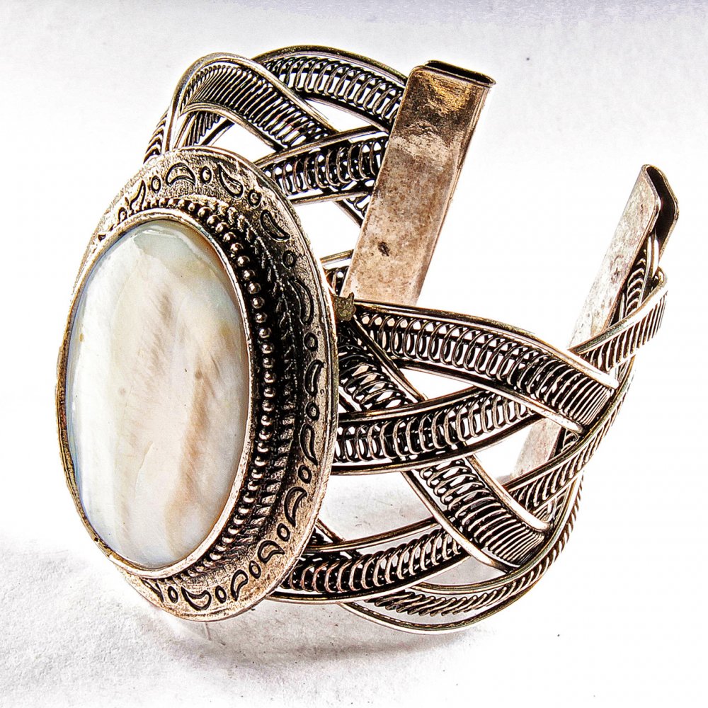 Wide Mother-of-Pearl Bracelet with Bracket-Style Metal Setting, Crescent Pattern, Oval