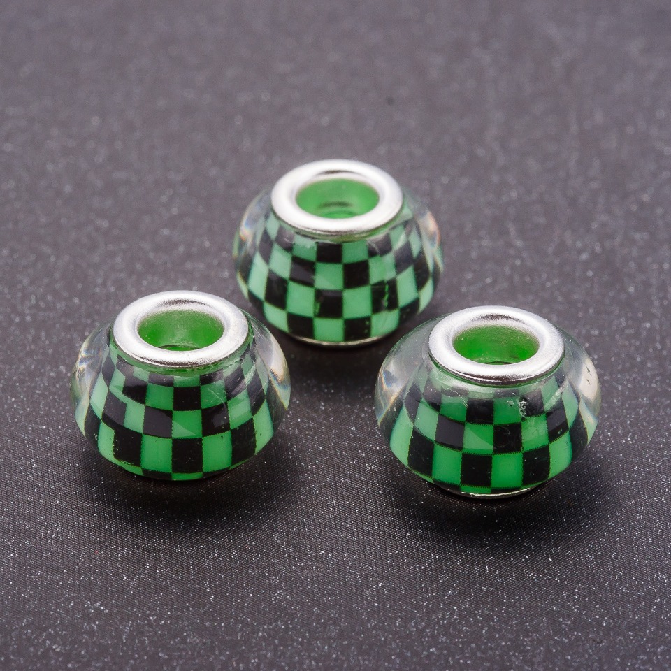 Pandora Bead Green Checkered Pattern, plastic, diameter 13mm, hole diameter 5mm, pack of 11 pcs