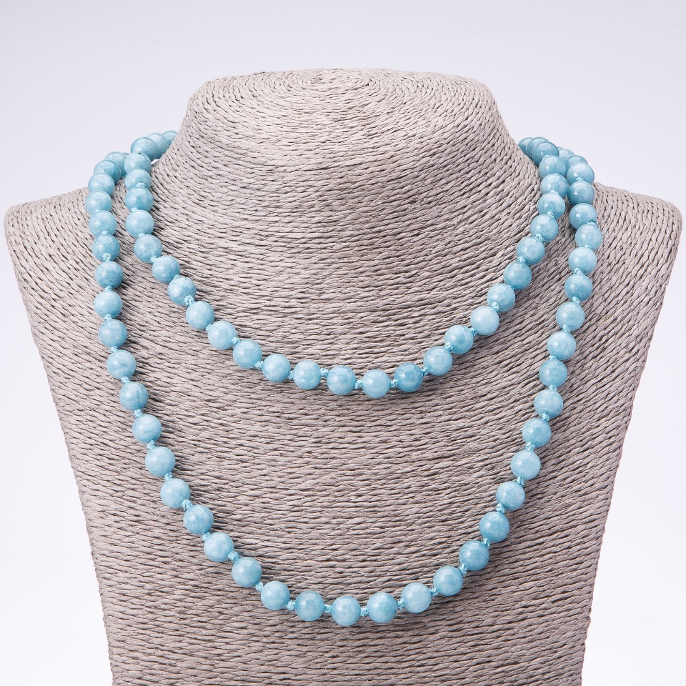 Long Aquamarine Gemstone Necklace with Smooth Beads, 8 mm Diameter, 110 cm Long