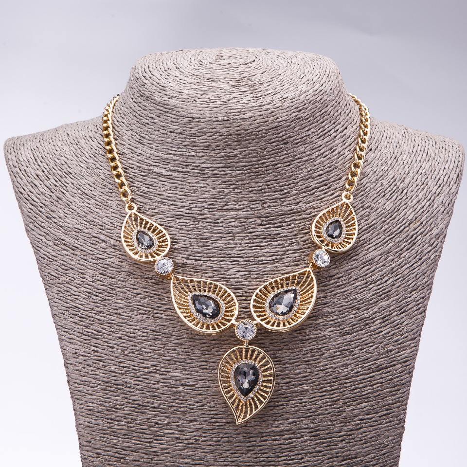Evening necklace with gray crystals 'Precious Leaves', length 42-50 cm