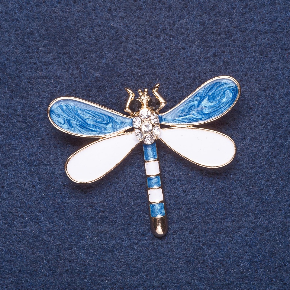 Brooch 'Dragonfly' white and blue enamel, gold metal color, 4.5×3.5 cm