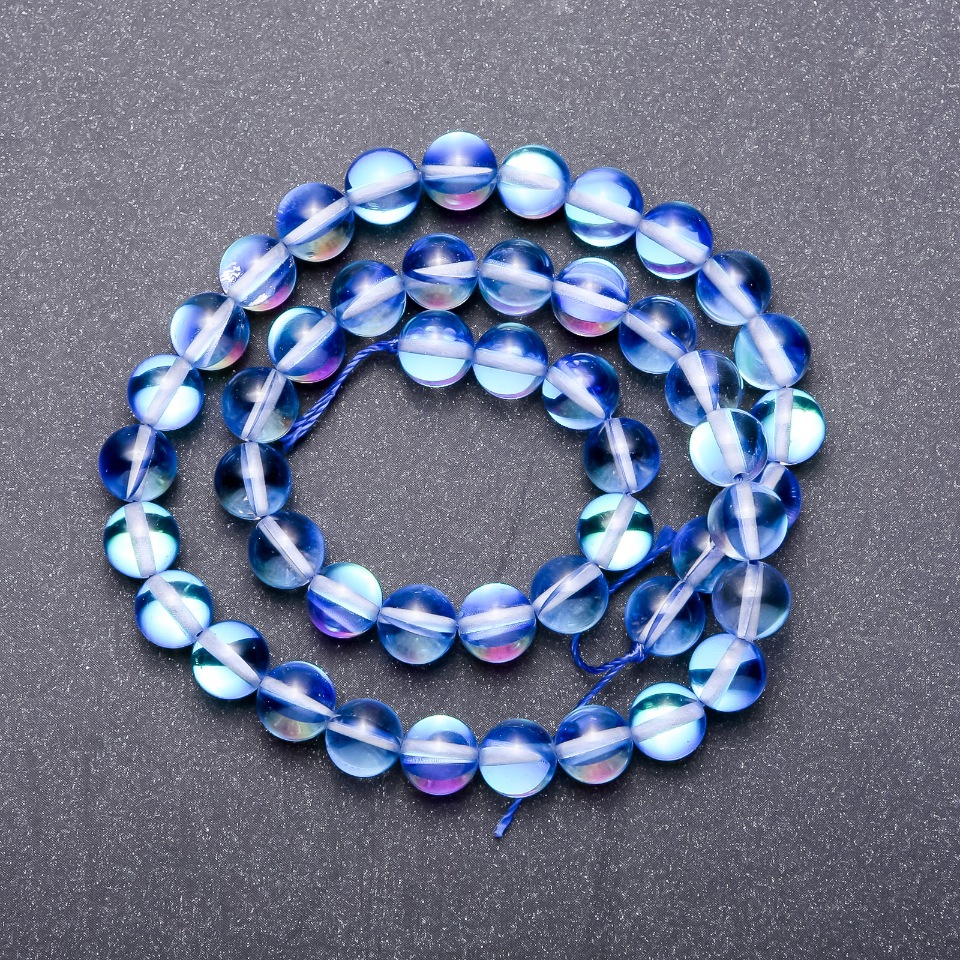 Blue opal glass beads on thread, 8mm diameter, 38 cm length