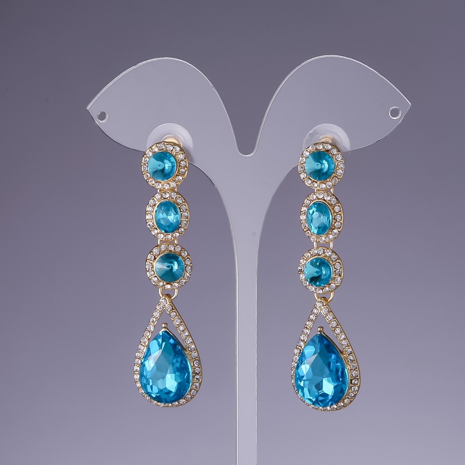 Earrings with blue crystals, 6 cm long, yellow metal