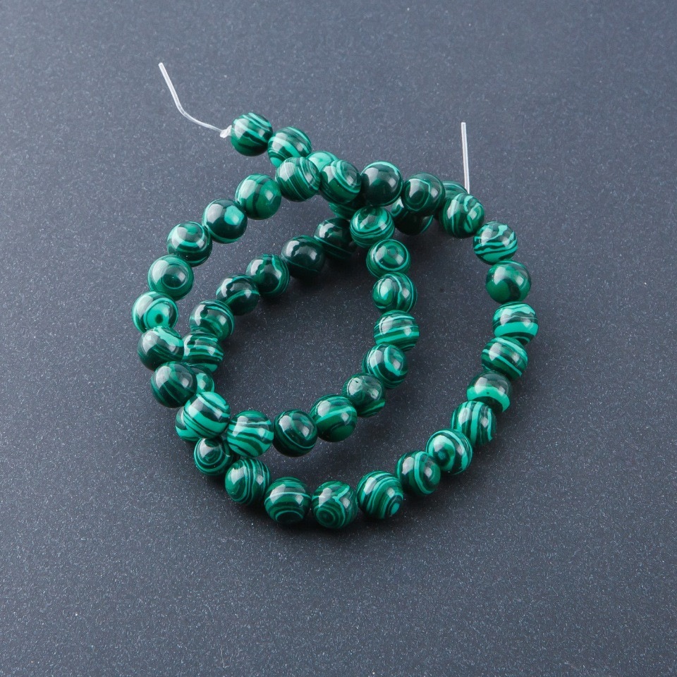 Natural Stone Malachite Beads on Thread (Pressed), 8 mm Diameter, 39 cm Length