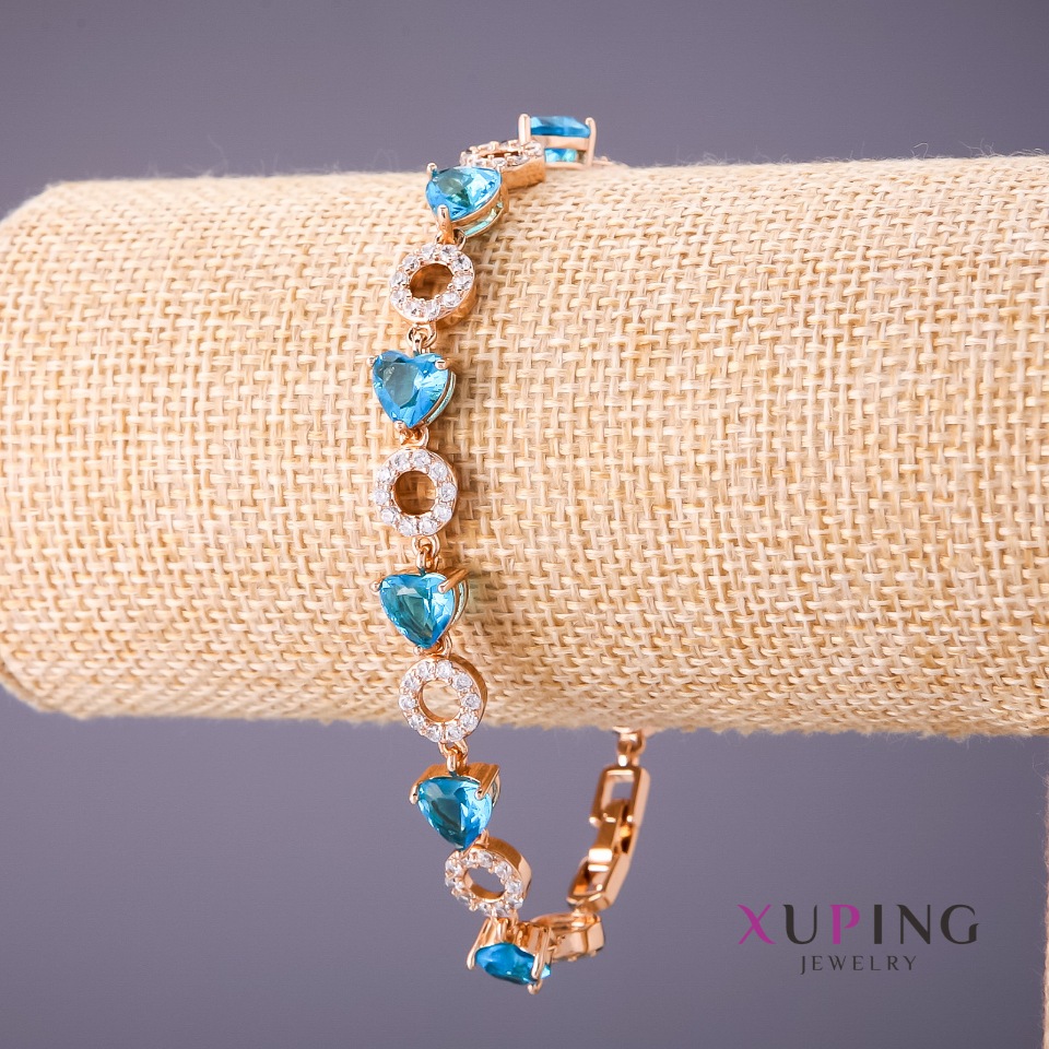 Xuping Bracelet with Blue Stones and White Rhinestones, 18-20 cm Length, 8 mm Thickness, Gold Tone
