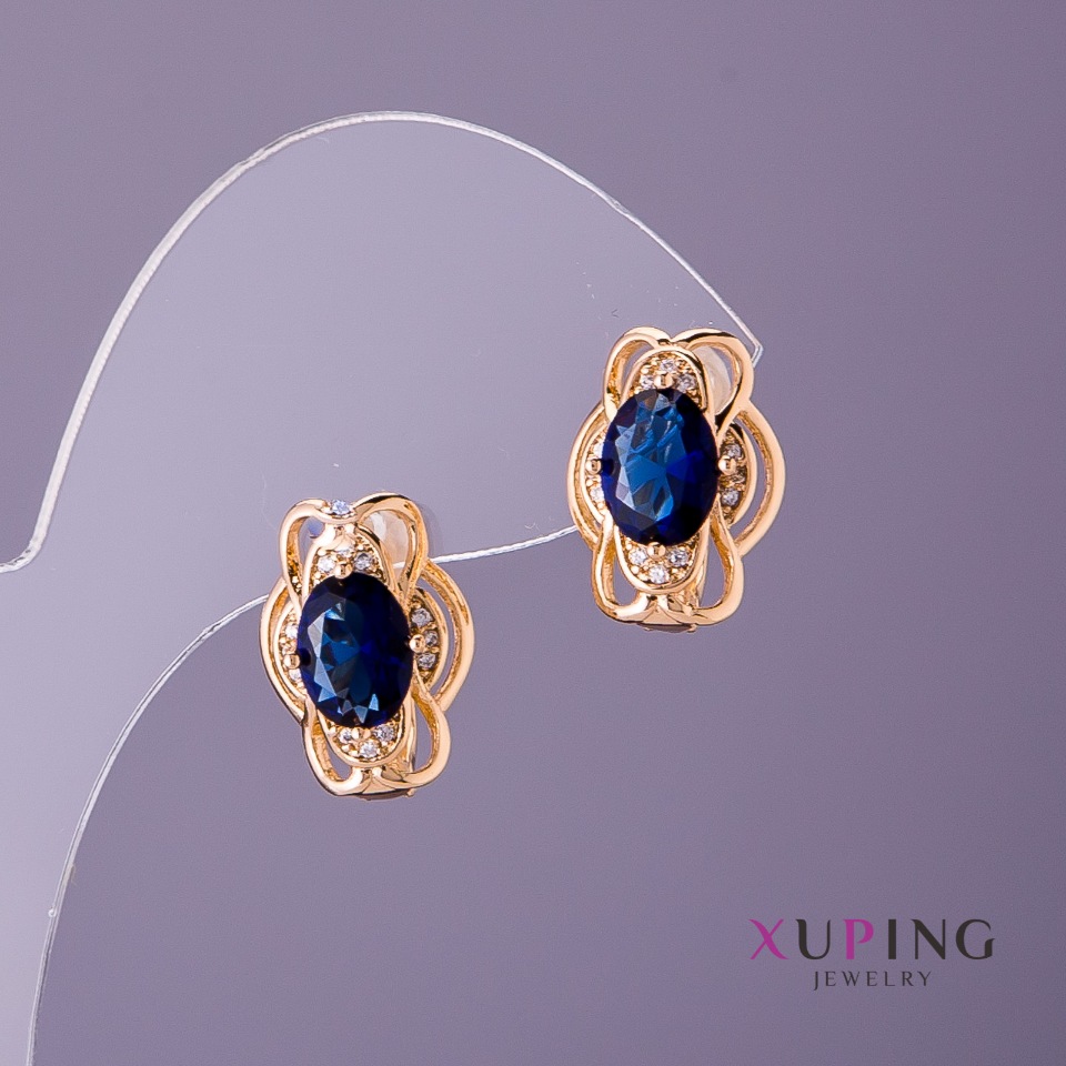 Xuping Earrings with Blue Stones, 11 mm Diameter, 15 mm Length, 18K Gold Plating