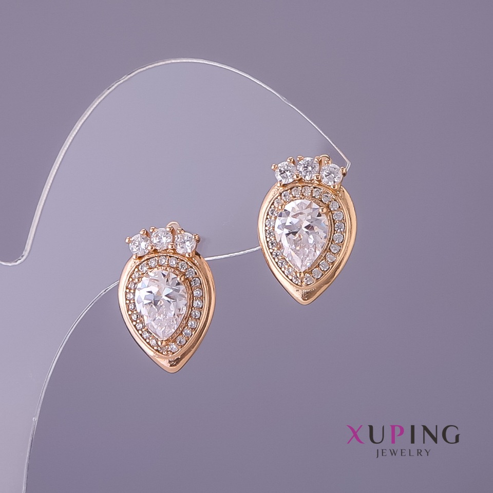 Xuping Earrings with White Stones, 11 mm Diameter, 17 mm Length, Gold Color