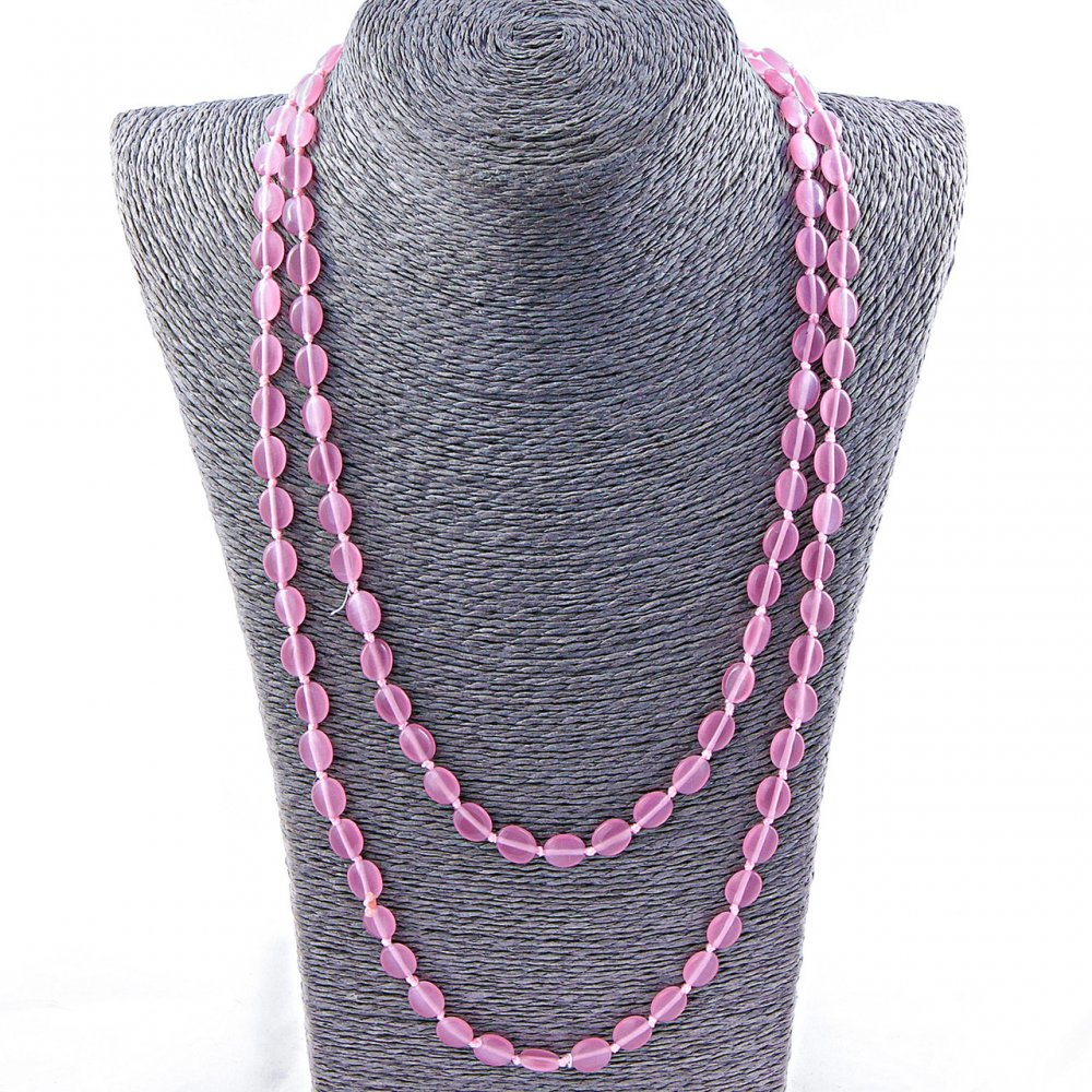 Long Pink Cat's Eye Oval Necklace 10×8 mm, 115 cm length
