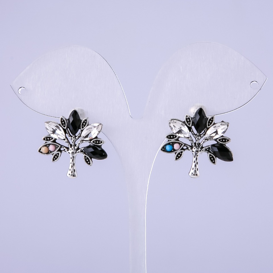 Tree Earrings with Black Crystals 22x22mm