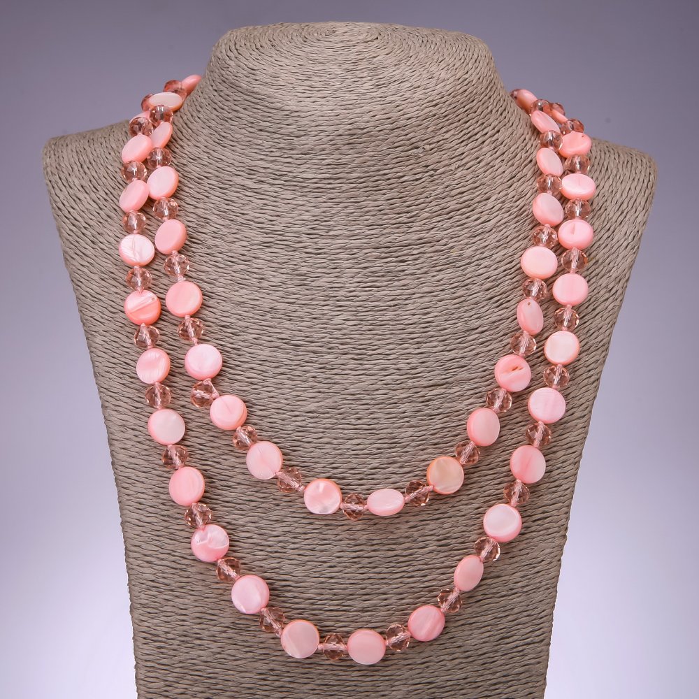 Long Necklace Pink Mother-of-Pearl Coin, 120cm