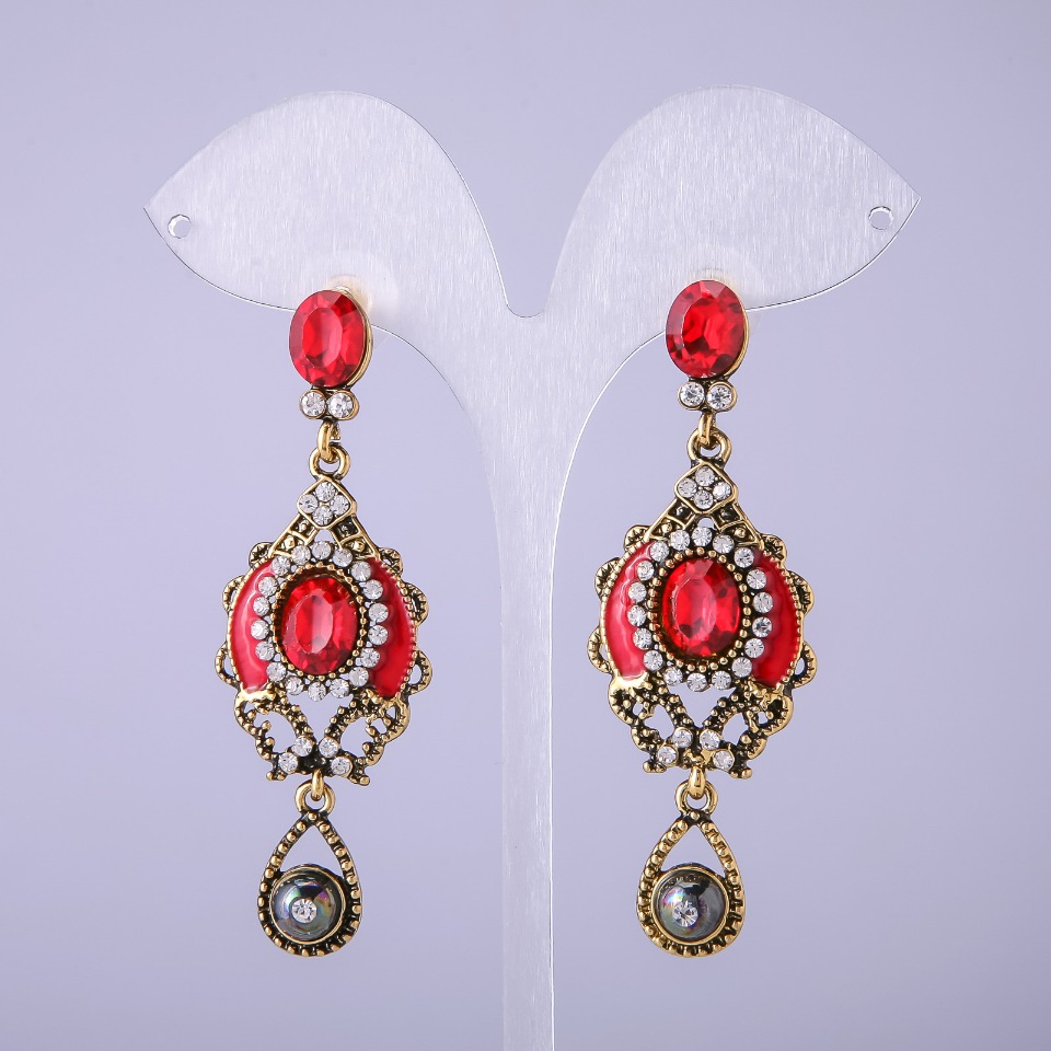 Eastern-style Earrings with Red Crystals, 65 mm long