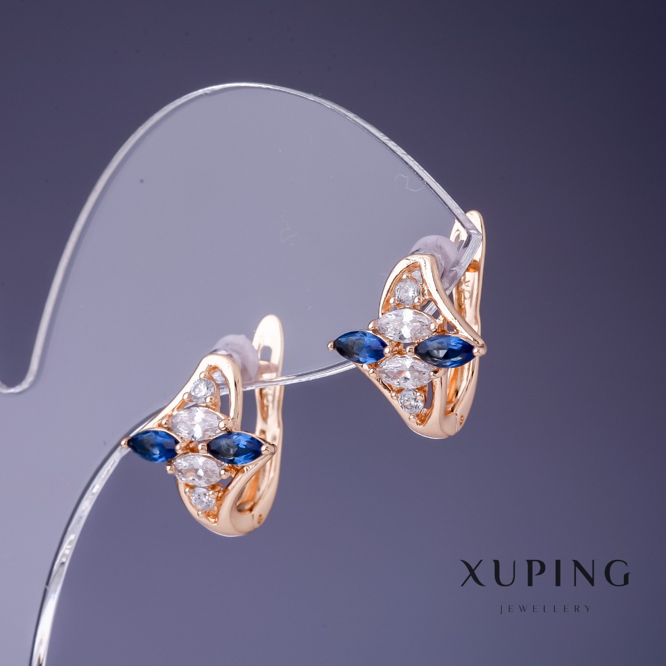 Xuping Earrings with White and Blue Stones, 14x13 mm, 18K Gold-Plated