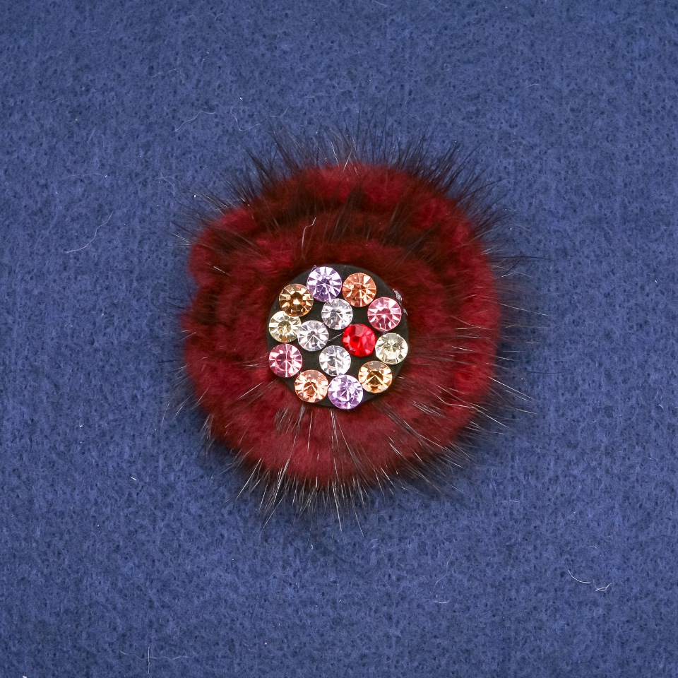 Burgundy mink fur brooch with crystals, 60 mm diameter