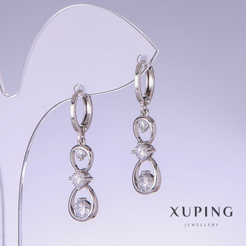 Xuping earrings with white cubic zirconia, 32 mm long, 9 mm thick, rhodium-plated