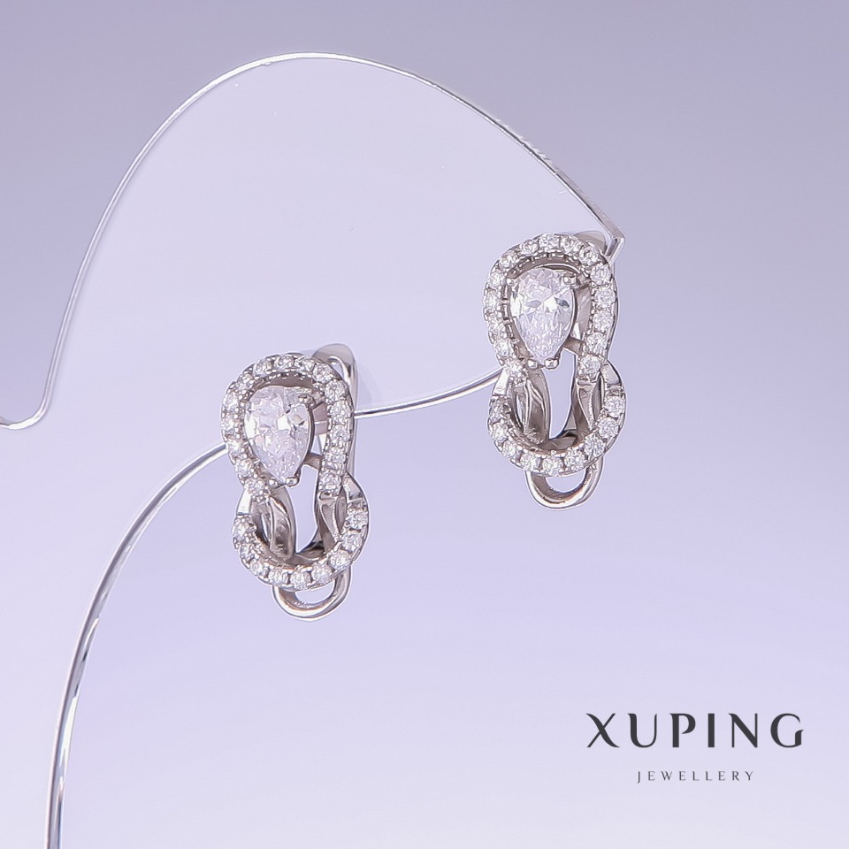 Xuping Earrings with White Cubic Zirconia, 17 mm length, 9 mm thickness, Rhodium