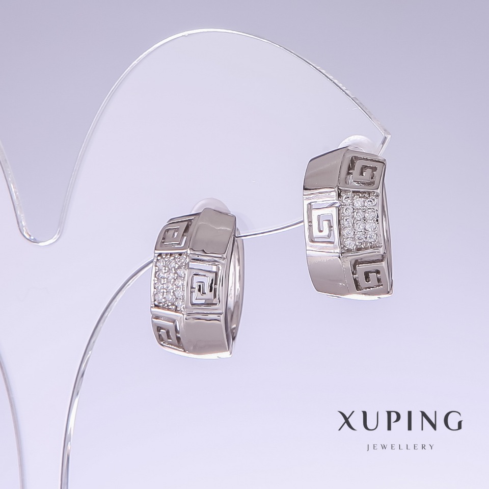 Xuping Earrings with White Rhinestones, 17mm long, 9mm thick, rhodium-plated