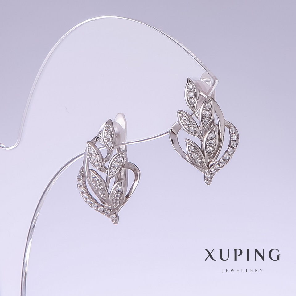 Xuping Earrings with White Pavé Stones, 19mm long, 12mm thick, Rhodium-plated