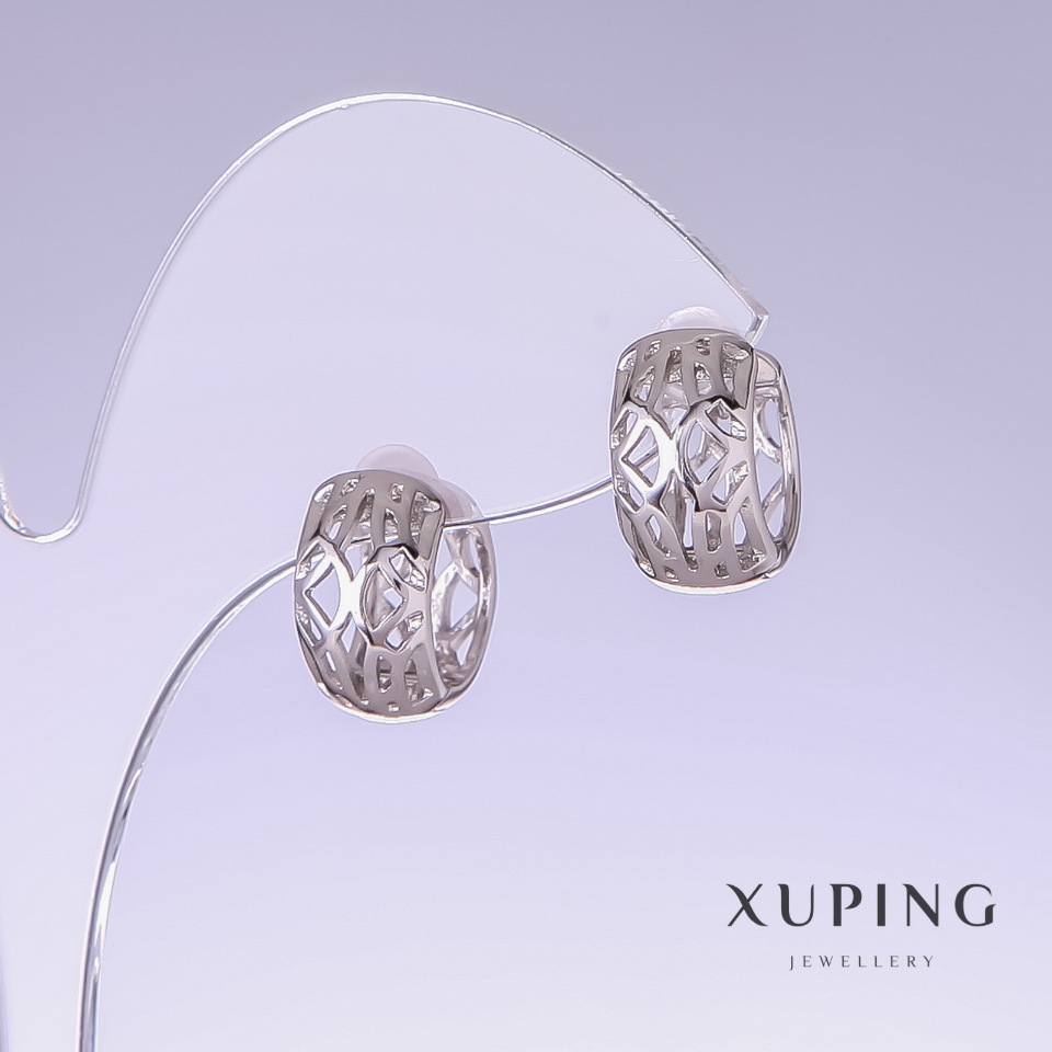 Xuping Earrings, 14mm Length, 8mm Thickness, Rhodium-Plated
