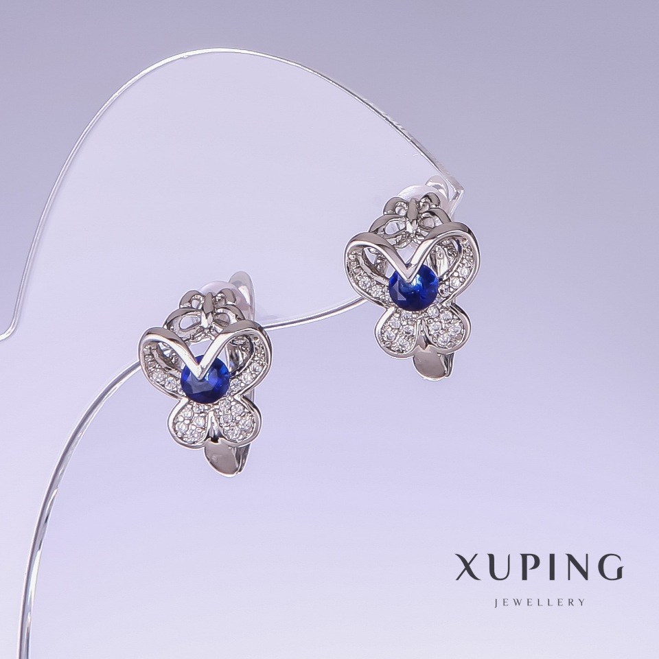 Xuping Earrings 'Butterflies' with Blue Cubic Zirconia, length 15mm, thickness 11mm, Rhodium-plated