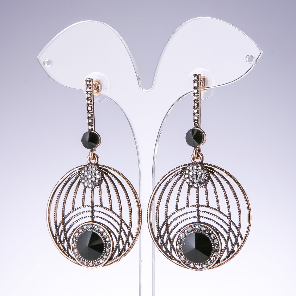 Evening earrings with black crystals, color 'Old Gold', width 35 mm, length 65 mm