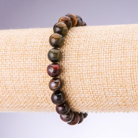 Bracelet of Bull's Eye, Tiger's Eye, and Falcon's Eye beads, smooth 10 mm diameter on elastic