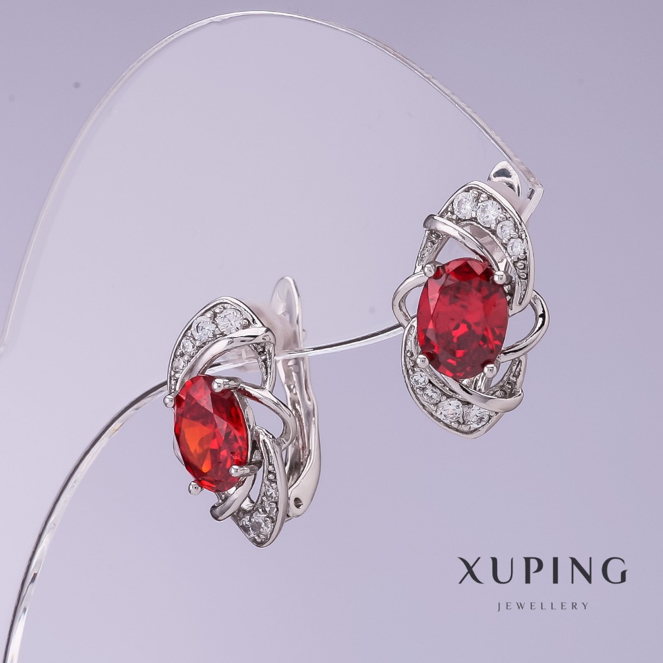 Xuping Earrings with Red Cubic Zirconia, 10 mm Diameter, 17 mm Length, Rhodium-Plated