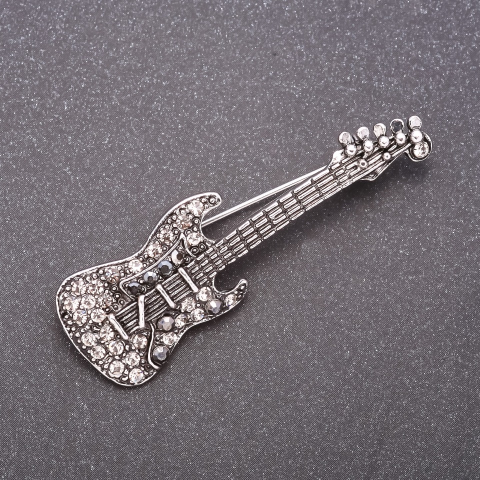Guitar Brooch 54×18mm in Dark Crystals, Dark Metal
