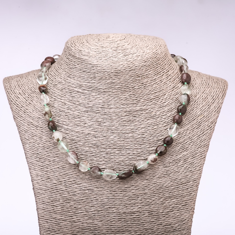 Moss Agate Necklace, hammered finish, bead diameter 6-10 mm, length 48 cm