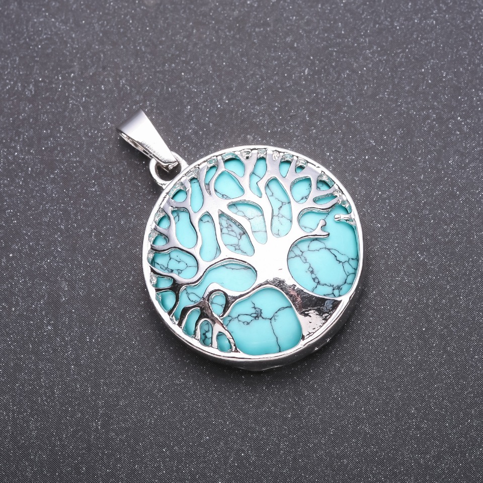 Pendant 'Tree' with Turquoise Stone (Synthetic), Green, 27 mm Diameter