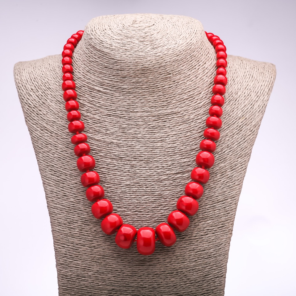 Pressed coral necklace, rondelle beads, graduated in size, diameters 8×6 mm and 20×14 mm, length 50 cm