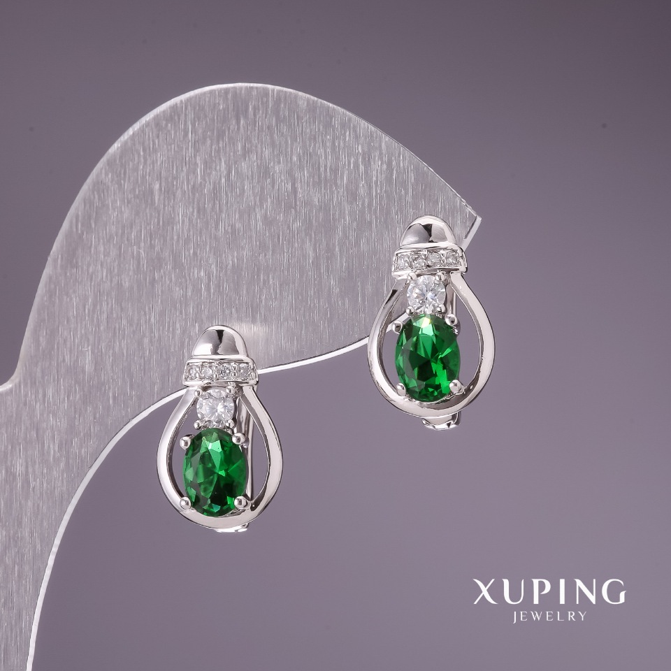 Xuping Earrings with Green Stones 15x9mm Rhodium