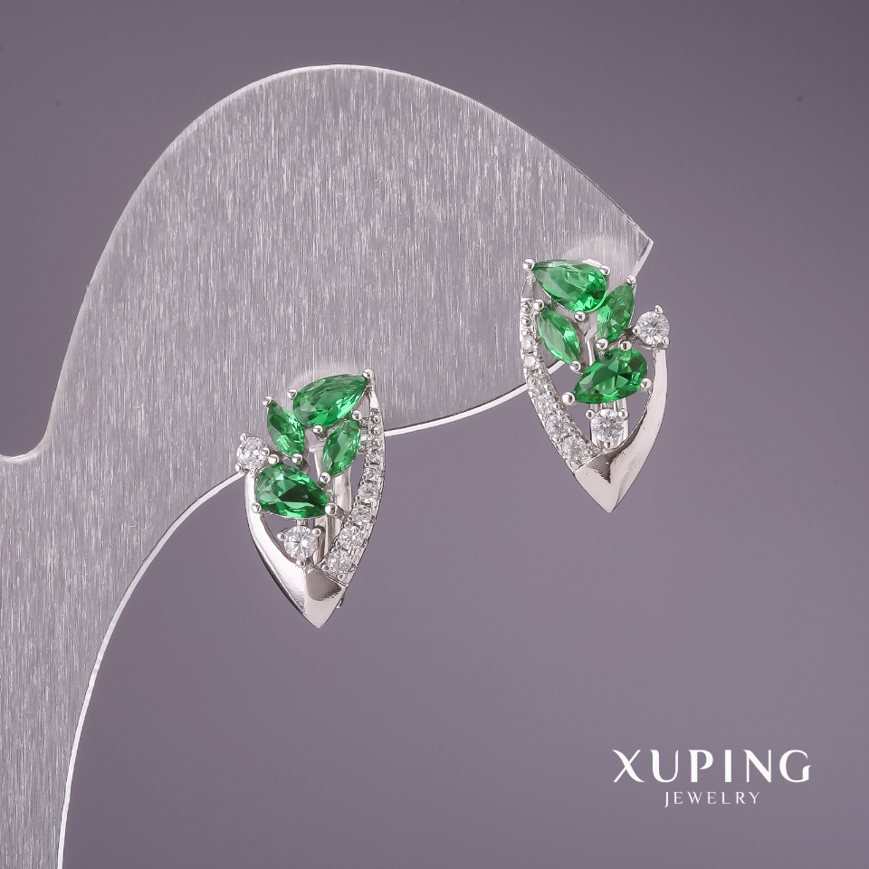 Xuping Earrings with Green Stones 16x8mm Rhodium