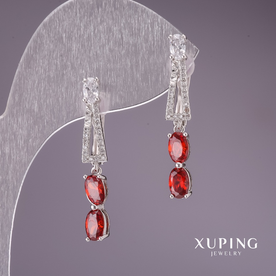 Xuping Earrings with Red Stones, Rhodium-Plated