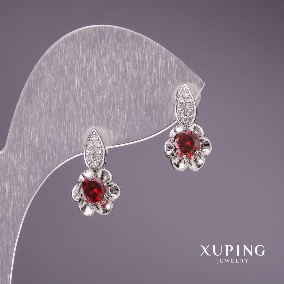 Xuping Earrings with Red Stones, Rhodium-Plated