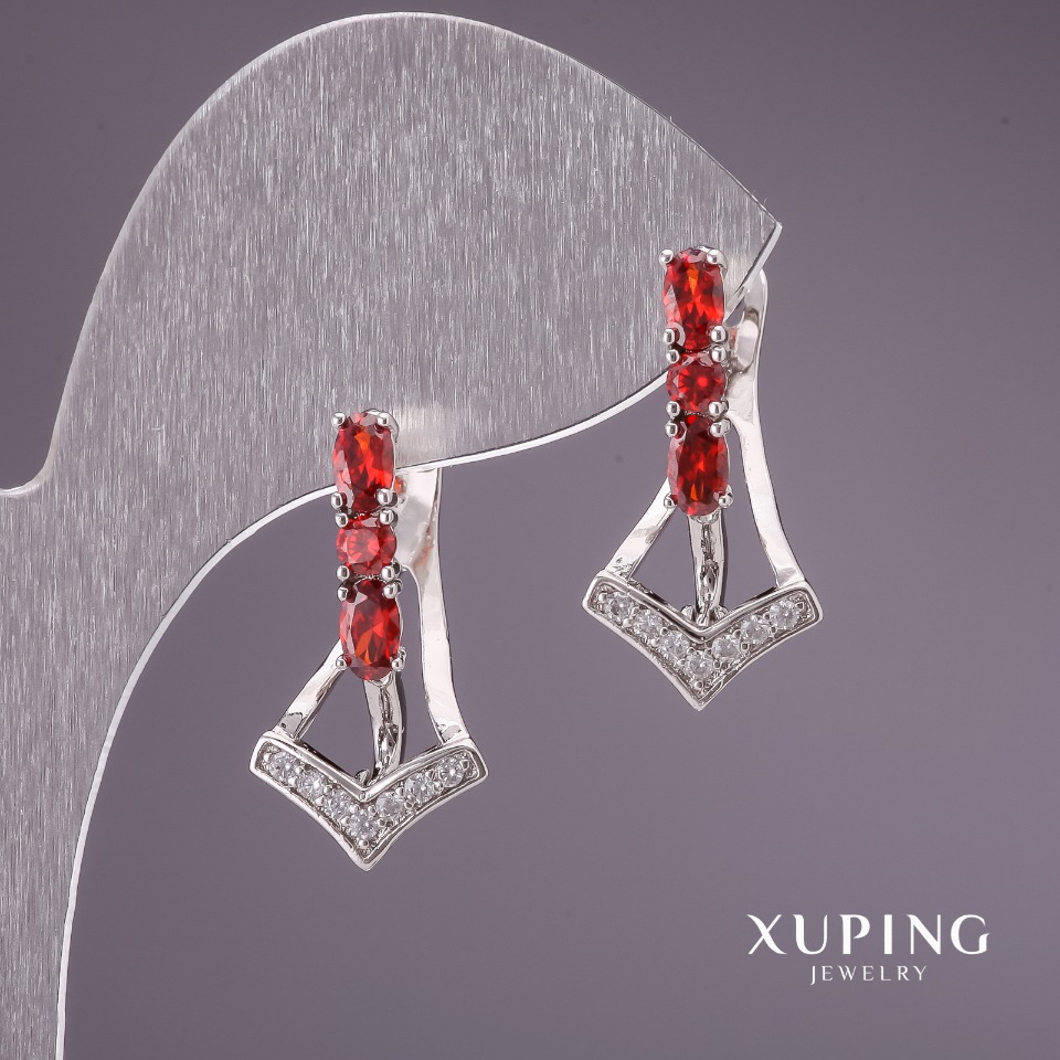 Xuping Earrings with Red Stones, Rhodium-Plated