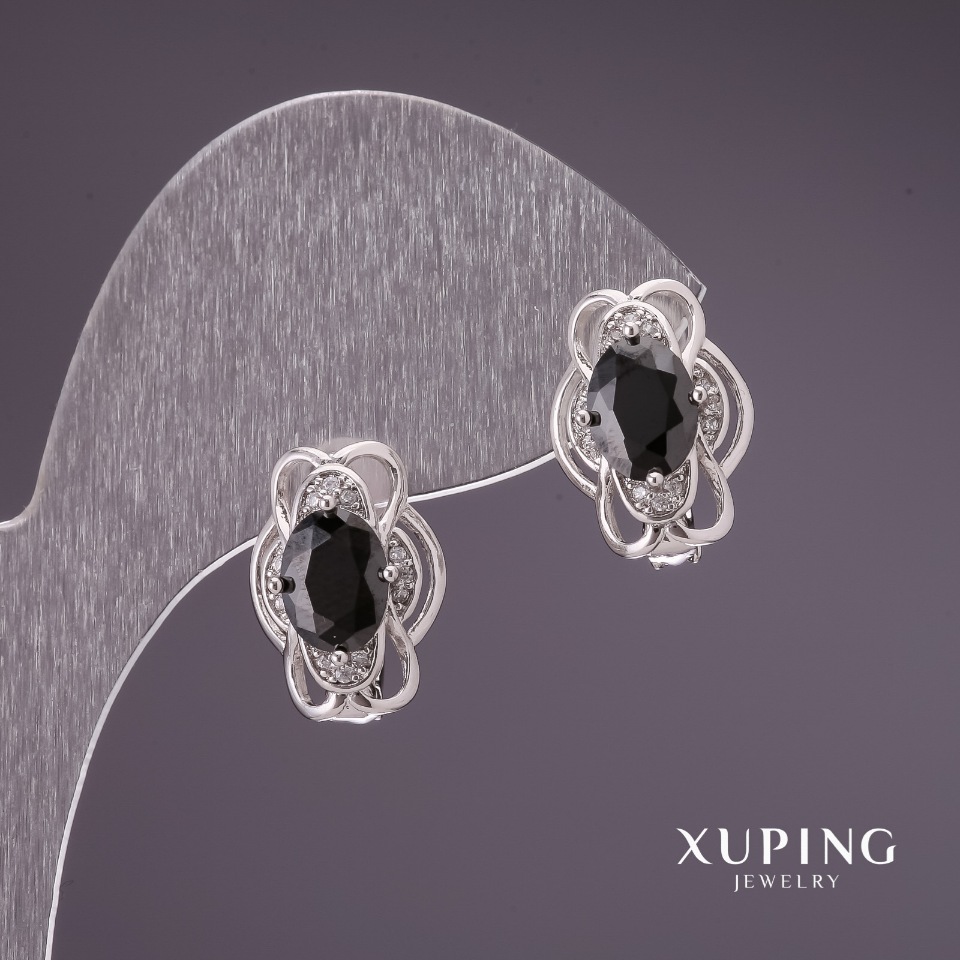 Xuping Earrings with Black Stones, Rhodium